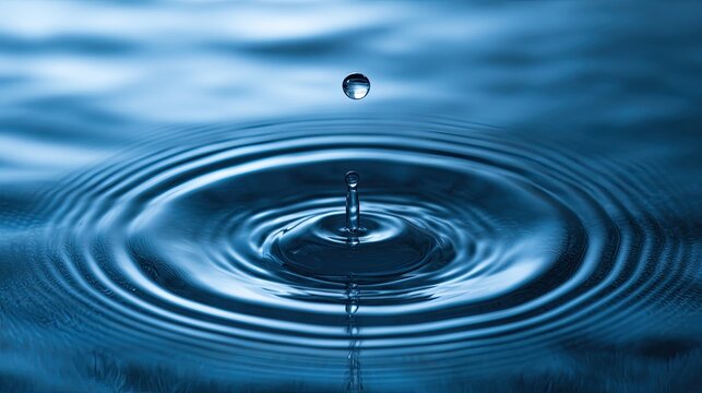 Tiny droplet makes perfect circular ripples on deep blue water