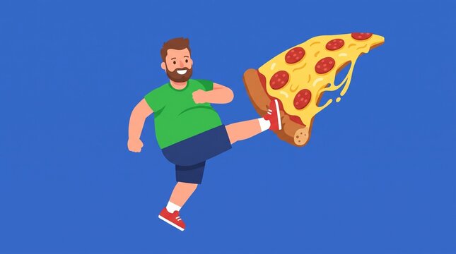 Overweight Man Kicking Away Giant Pizza Slice Representing Healthy Lifestyle Choice Weight Loss and Quitting Junk Food Habits
