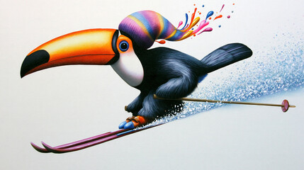 Fototapeta premium Whimsical toucan skiing down a snowy slope