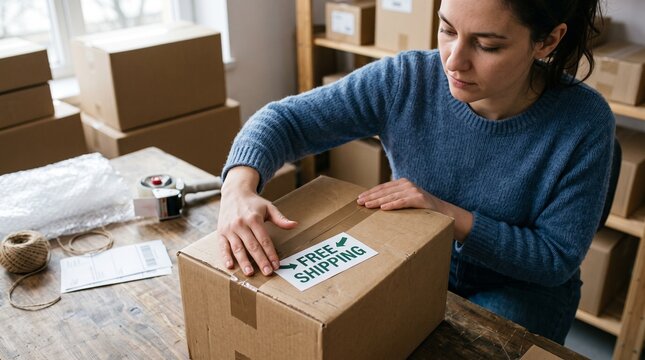 Woman sealing a cardboard box with a free shipping label for online order fulfillment