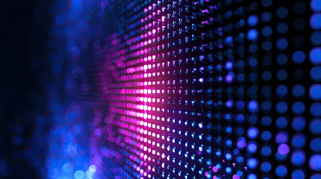 Abstract grid of glowing purple and blue dots receding into darkness