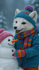 Fototapeta premium Cute fox building snowman joyfully.