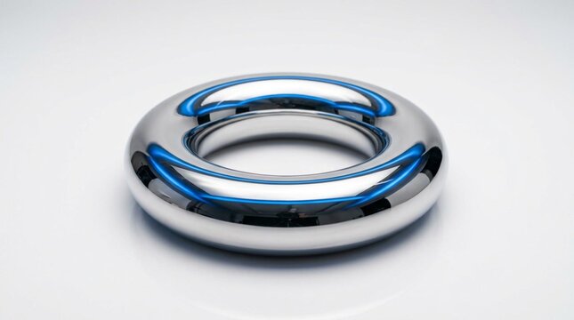 Polished chrome metallic torus with glossy blue reflections on clean white studio backdrop, sleek futuristic 3D render of a chrome ring shape
