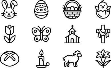 Fototapeta premium Simple outline icons representing traditional Easter symbols like a bunny, decorated egg, basket, chick, and lamb