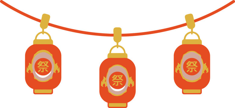 Japanese festival lanterns hanging on red string, traditional red chochin paper lantern vector, oriental celebration decor
