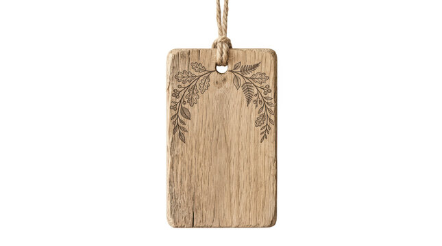 Rustic wooden gift tag with botanical engraving isolated on transparent background