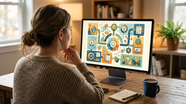 Over-the-shoulder view of young woman at wooden desk reading colorful infographic about workflow and productivity on modern computer monitor in bright cozy home office