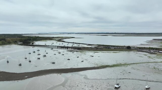 Bridge and Quay to the Hayling Island from a dron at low tide, Havant, Hampshire, England