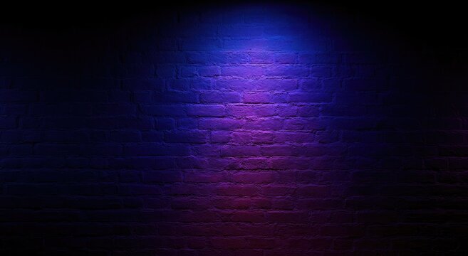 Textured brick wall bathed in dramatic blue and purple spotlight