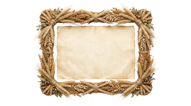 Rustic wheat wreath frame with vintage paper isolated on transparent background