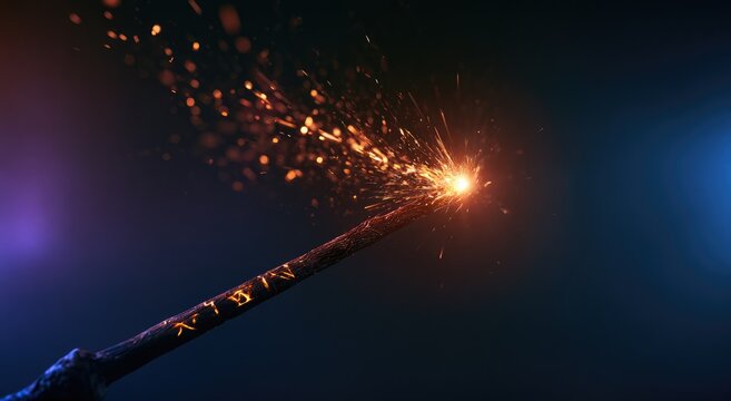 Magical wand tip erupts with bright, fiery sparks against dark, blurred background