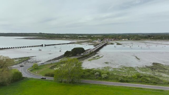 Bridge and Quay to the Hayling Island from a dron at low tide, Havant, Hampshire, England