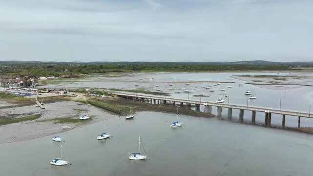Bridge and Quay to the Hayling Island from a dron at low tide, Havant, Hampshire, England