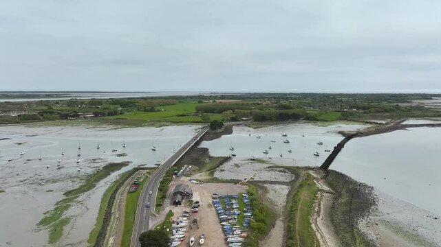 Bridge and Quay to the Hayling Island from a dron at low tide, Havant, Hampshire, England