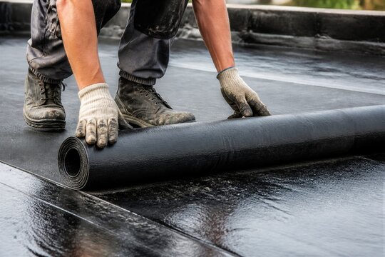 Construction worker rolling roofing membrane on flat roof