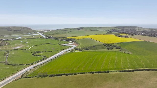 Cuckmere Valley from a drone, Hindover Hill, South Downs, East Sussex, England	