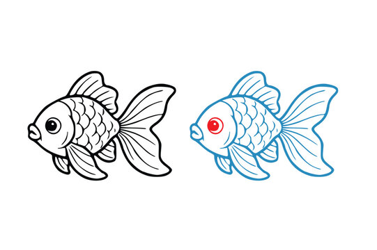 Cute hand drawn goldfish line art vector illustration set with coloring page
