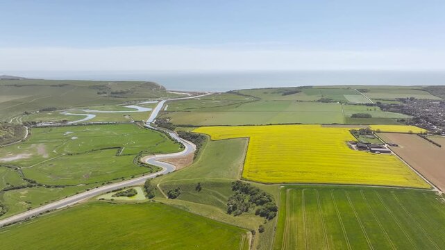 Cuckmere Valley from a drone, Hindover Hill, South Downs, East Sussex, England	