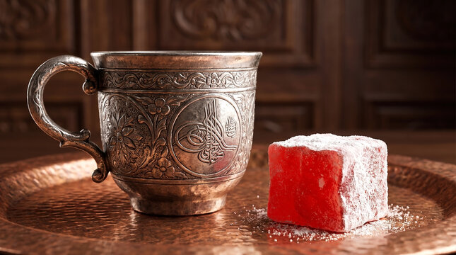 Traditional Turkish coffee in an ornate engraved metal cup served with sweet red Turkish delight on a hammered copper tray