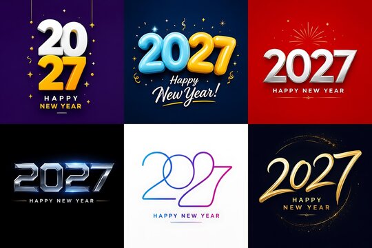 Happy New Year 2027 collection, six diverse 2027 typography designs, festive holiday greeting card set with 3D and metallic styles