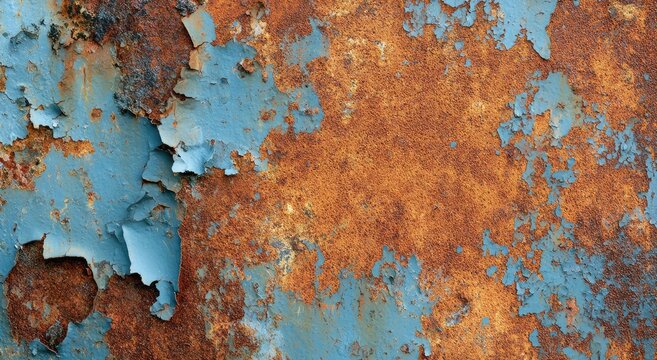 Close-up of weathered, peeling blue paint revealing textured orange rust