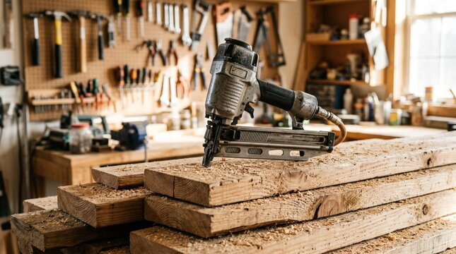 Heavy steel pneumatic nail gun resting on stacked rough pine lumber planks inside a sunlit carpenter workshop with scattered sawdust and hanging tools