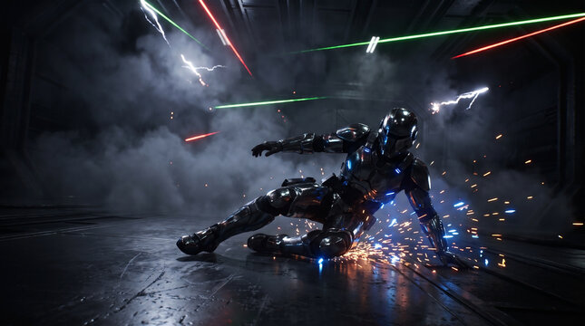 Cinematic action shot of a futuristic armored space soldier sliding on a metallic floor amidst smoke, bright sparks, and crossing laser beams