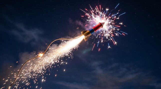 Lit firework rocket angled upward with long braided fuse trailing bright sparks against dark twilight sky, red white blue bursts, smoky clouds, festive celebration, 4th July, New Year, vivid color,
