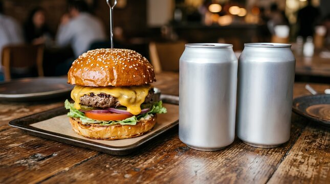 Juicy cheeseburger with melted cheese on sesame seed bun served on rustic wooden tray beside two plain silver soda cans in cozy restaurant setting with blurred patrons and warm ambient lighting