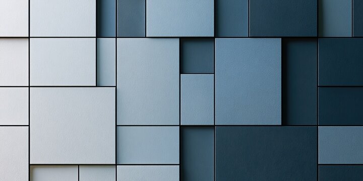 Geometric pattern of varied size squares and rectangles in shades of blue