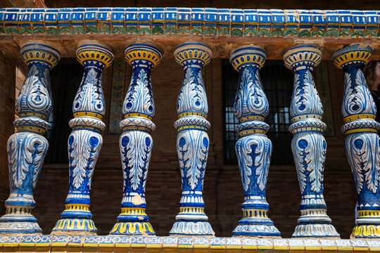 The traditional blue-and-white Andalusian ceramic railings and balusters that are the symbol of Plaza de Espa&ntilde;a.