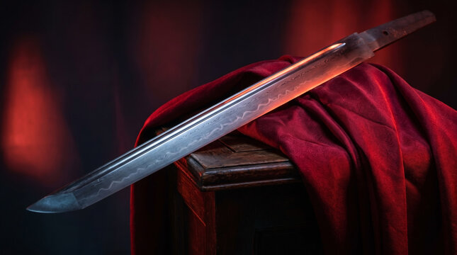 Traditional Japanese katana sword blade with Damascus steel patterns resting on draped red velvet cloth over an antique wooden box