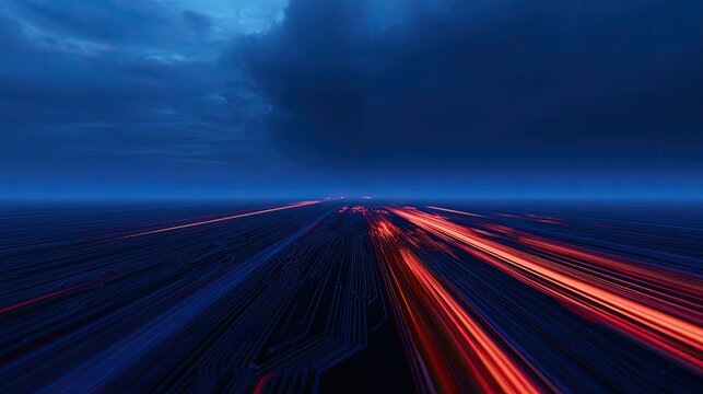 Fast-moving lights streak across a digital landscape under a stormy sky
