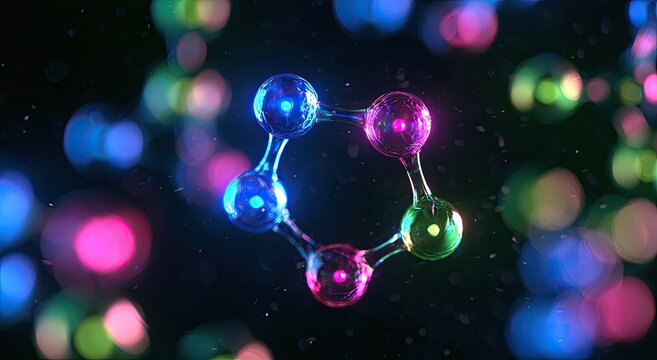 Glowing, interconnected spheres form a luminous ring against a bokeh background
