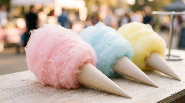 Fluffy cotton candy sticks in soft pastel pink, blue, and yellow shades arranged on paper cones at outdoor fair, sweet spun sugar confection close-up