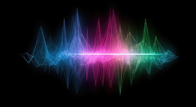 Vibrant, pulsating sound wave visualization in rainbow colors on black