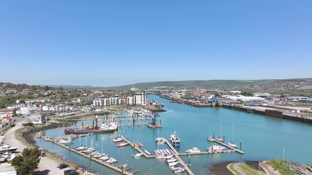 Newhaven over River Ouse from a drone, East Sussex, England