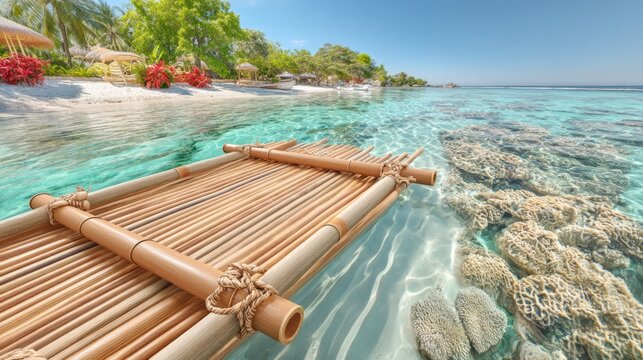 Bamboo raft floating on clear turquoise water near tropical beach with coral reef