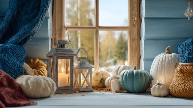 Cozy autumn scene with soft pumpkin decor and glowing candle lanterns near window