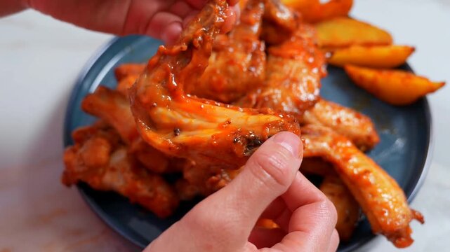 Baking chicken wings in the oven at home. 
Festive tasty dinner. Beautiful kitchen video. 
Appetizing meat dish.