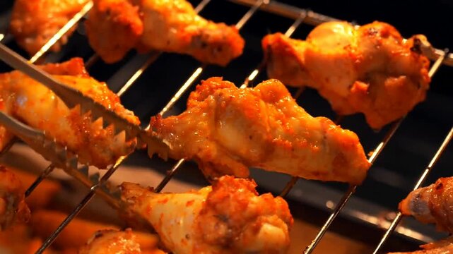 Baking chicken wings in the oven at home. 
Festive tasty dinner. Beautiful kitchen video. 
Appetizing meat dish.