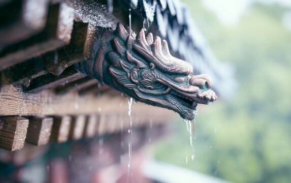 Traditional Asian roof dragon sculpture water spout detail in rainy weather