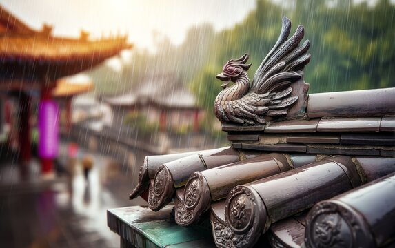Ornate phoenix statue on traditional roof tile in rain with soft background