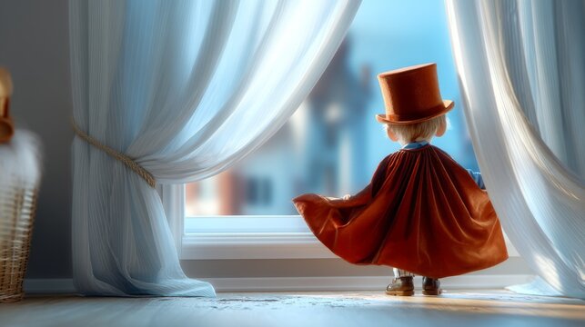 Child in vintage orange cape and hat standing by window with white curtains