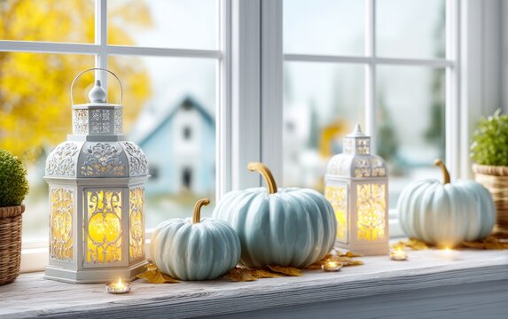 White lanterns and pale blue pumpkins autumn fall decoration on windowsill