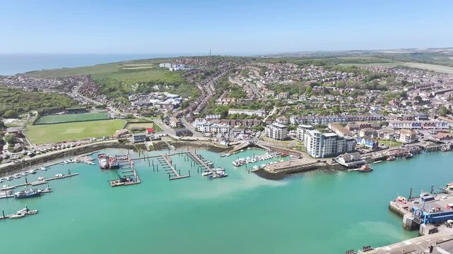 Newhaven over River Ouse from a drone, East Sussex, England