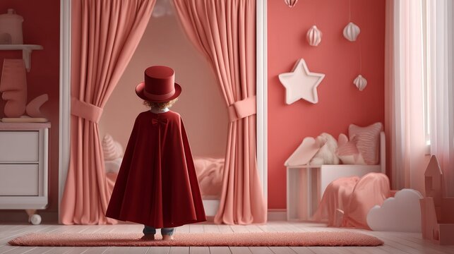 Child dressed in red cape and hat standing in pink softly lit cozy bedroom with star decor