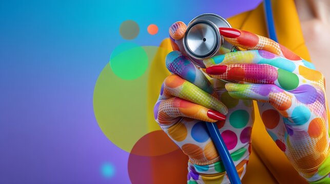 Multicolored painted hands holding stethoscope close up with vibrant background