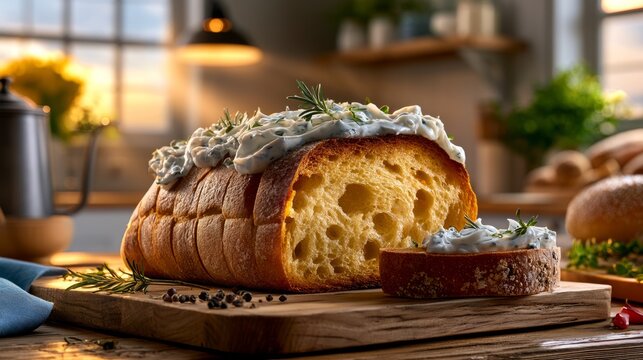 Freshly Baked Bread Loaf with Herb Cream Spread on Wooden Cutting Board