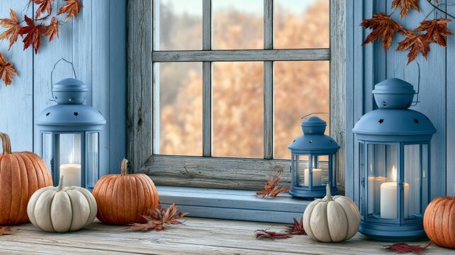 Cozy autumn window scene with pumpkins, candles, and blue lantern decoration